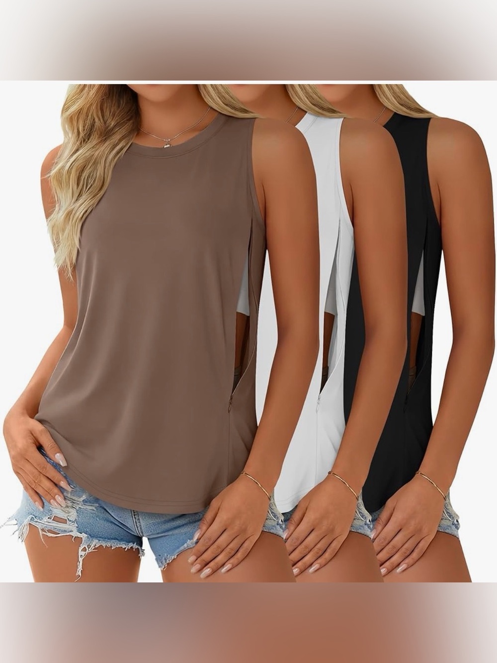 Sleeveless Side-Slit Nursing Tank Top - Brown, White & Black